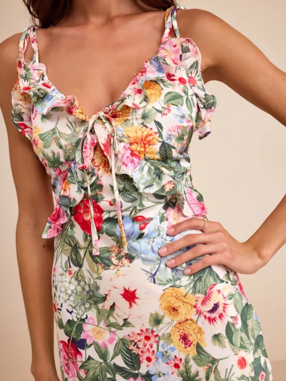 Lulus Clelia Ivory Multi Floral Satin Ruffled Tie-strap Midi Dress White - Picture 5 of 5